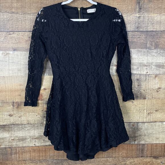 Altar'd State Lace Long Sleeve Mini Skater Dress Solid Black Size Small - Picture 2 of 11
